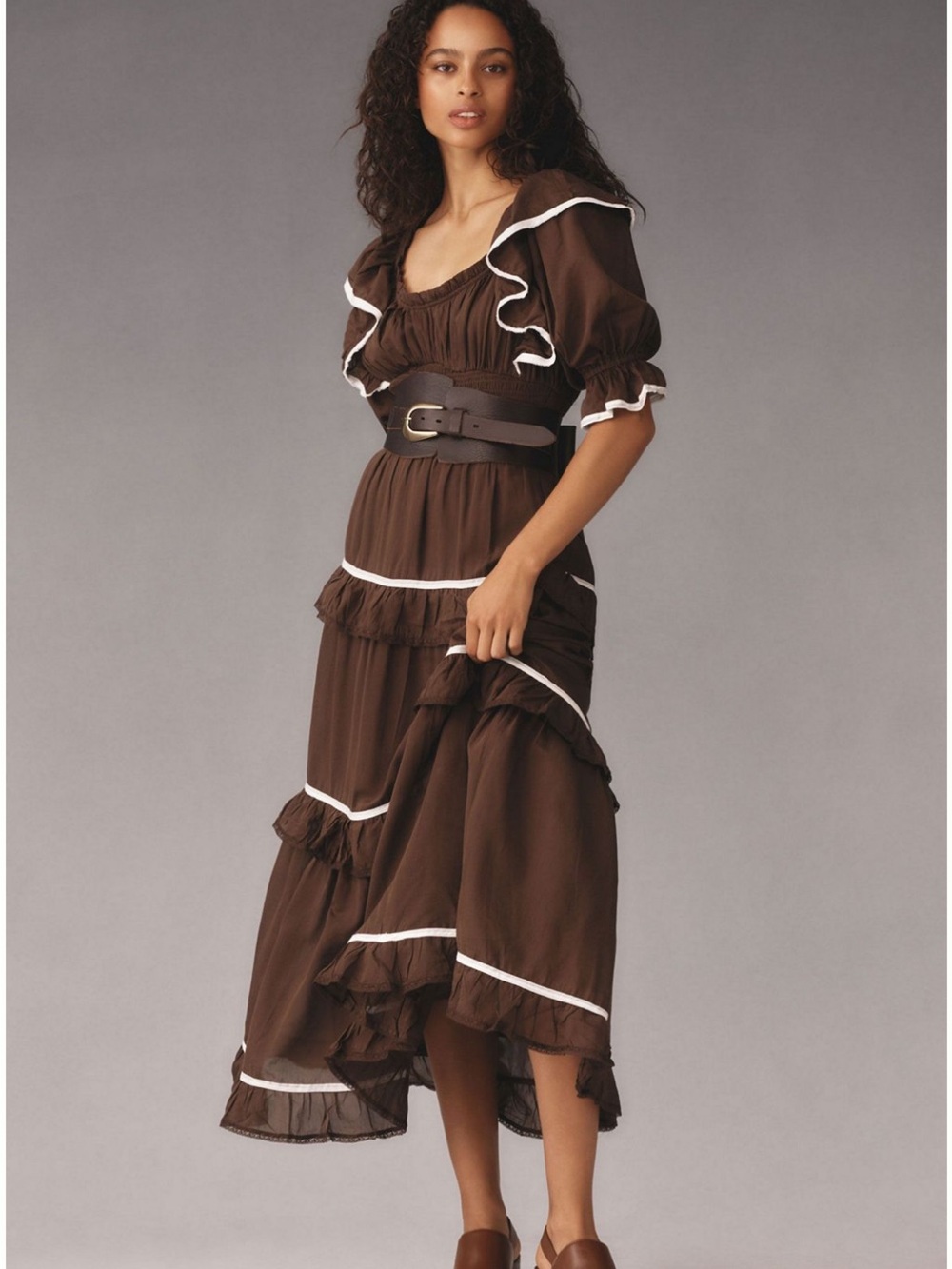 Anthropologie Puff Sleeve Scoop Neck Tiered Maxi Dress Size Large